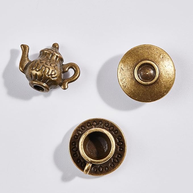 3 Pcs Miniature Tea Cup Set 1:12 Dollhouse Vintage Metal Teapot Coffee Shop Kitchen Accessories Decor, Mini Cups and Teapot(Copper)