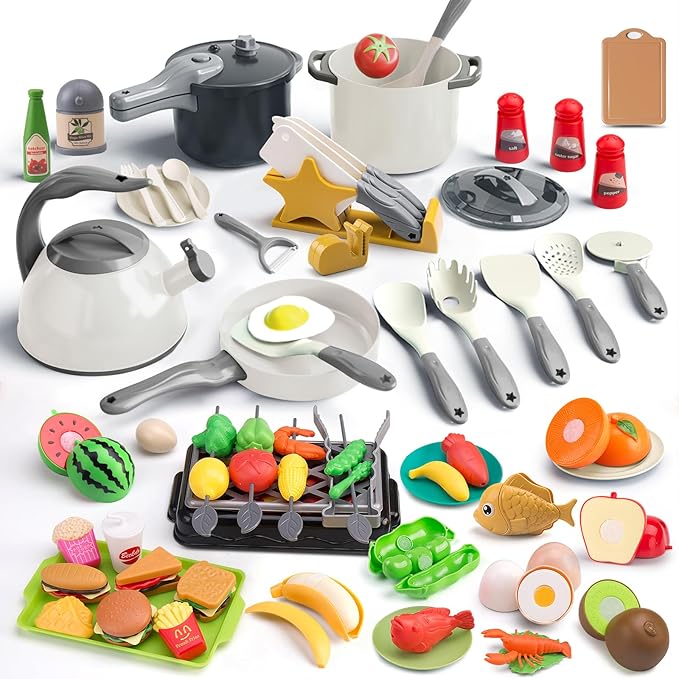 105Pcs Kids Kitchen Toy Accessories, Toddler Pretend BBQ Camping Cooking Playset, Play Pots, Pans, Utensils Cookware Toys, Play Food Set, Vegetables, Learning Gift for Girls Boys