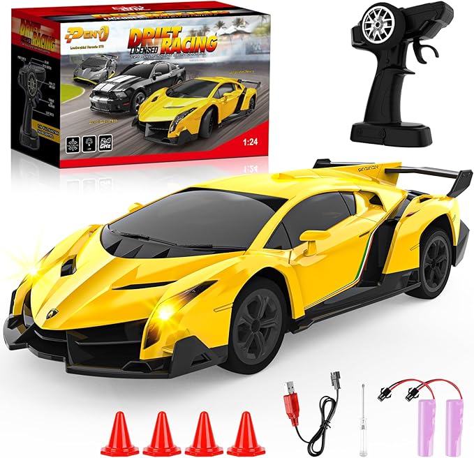 Lamborghini Remote Control Car, Officially Licensed 1:24 Scale 2.4GHz RC Drift Car Toys with Headlight, Lambo Hobby Rc Cars for Boy Girl 4-12 Years Old, Birthday Gift (Yellow