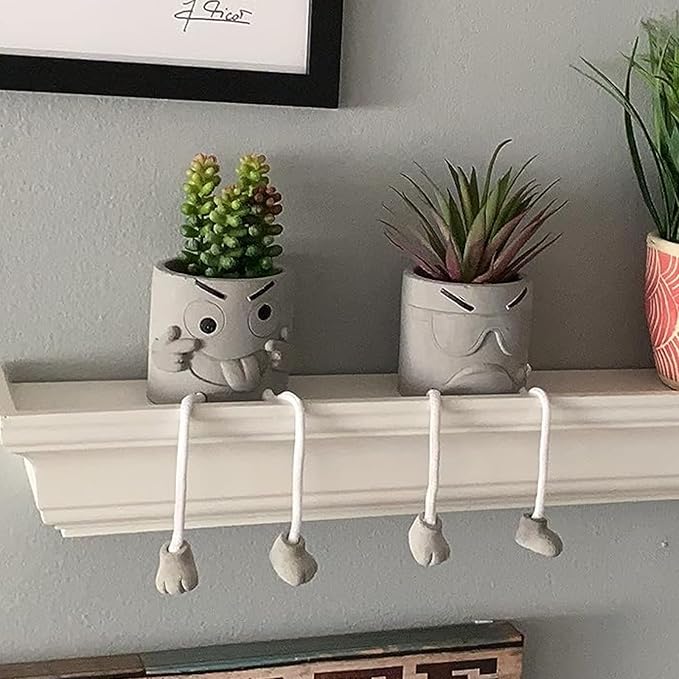SEMSOIIO 2PCS Artificial Mini Succulent Plants, Cute Fake Plant Faux Succulents in Grey Pots, Artificial Plants with Hanging Leg Potted for Home Office Desk Shelf Bathroom Decor