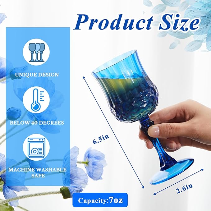 Pinkunn 50 Pcs 7 oz Plastic Vintage Wine Glasses Reusable Colored Goblets Patterned Drinking Water Glasses Cup Dishwasher Safe for Valentine's Day Wedding Reception Party Supplies (Dark Blue)