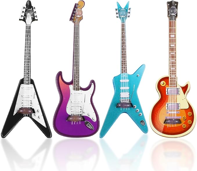 4Pcs Mini Electric Guitar & Bass Guitar Ornament, 1:12 Scale Wooden Miniature Musical Instrument for Mini Music Room, Home Decoration(Purple, Blue, Brown, Black)