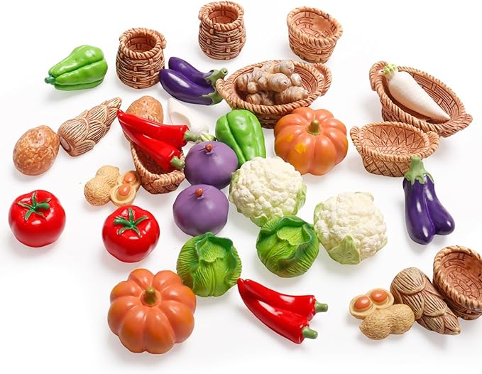 Exasinine 42 Pcs Miniature Food Mini Vegetables Figurines Miniature Baskets for Miniatures Food Kitchen Mini House Store