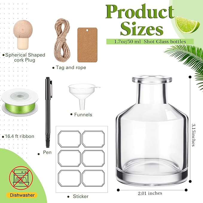 Baderke 12 Pcs 50 ml /1.7 oz Patron Shot Bottles Empty for Drinks Mini Tequila Shot Bottles Patron with Cork Lids Green Ribbon Reusable Glass Bottle for Weddings Birthday Party Favors DIY Crafts