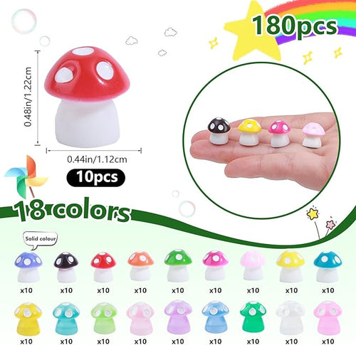 180 Pcs 18-Color Mini Resin Mushroom Figures,Glow in Dark Miniature Figurines Bulk for Fairy Garden,Dollhouse Décor,Terrarium & Scavenger Hunts - Tiny Mushroom Accessories with Realistic Details