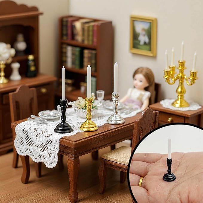 3-Piece Dollhouse Miniature Candle Holder Set, Vintage Style Simulation Candlesticks, 1/12 Scale Candles for Doll House Desk Ornament & Fairy Garden Decor (Black)