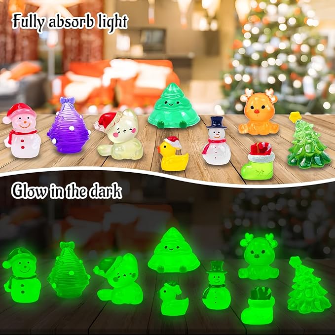 52 Pcs Luminous Mini Christmas Figurines Glow in The Dark Tiny Little Resin Snowman Miniature Figures for Xmas Holiday Crafts Garden Micro Landscape Party Home Table Decor