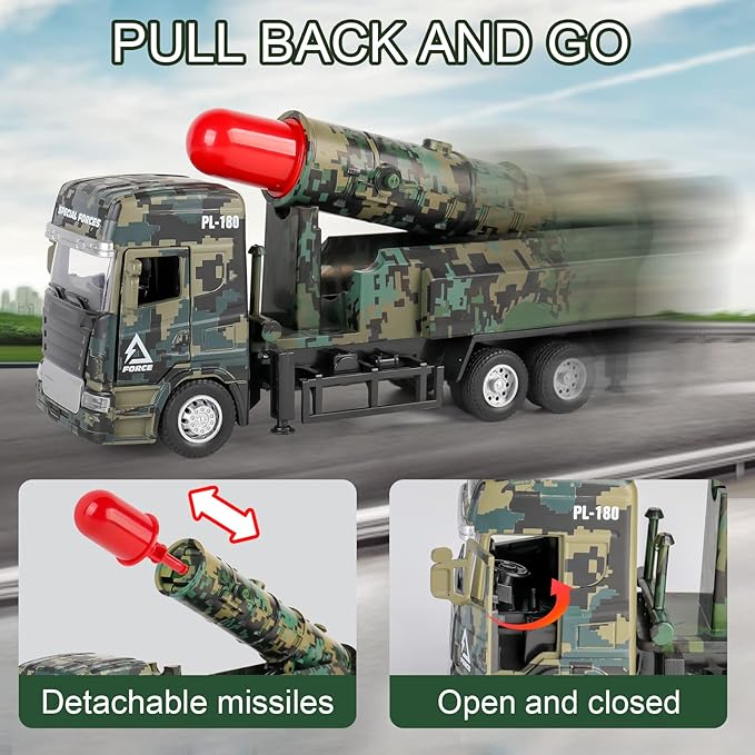 Missile Truck for Boys, Military Toys Vehicle with Lights & Sounds, Pull Back Army Toy Car Gift for 3 4 5 6 7 8 Year Old Boys Kids