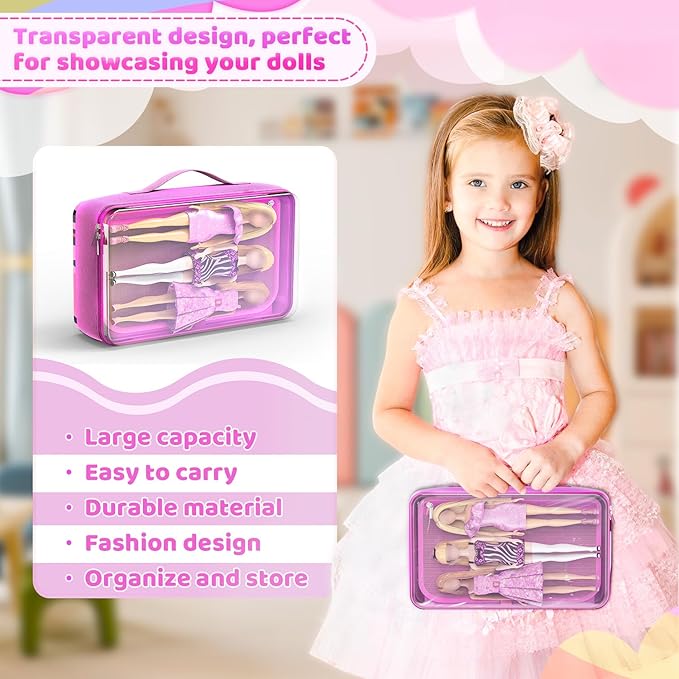 LININYHAO Carrying Case Compatible with Barbie Dolls 12-Inch,Case to Hold Dolls and Clothes, Much Pocket for Doll’s Clothes, Accessories, Fits 6 Dolls & Accessories,Bag Only (5-transparent)