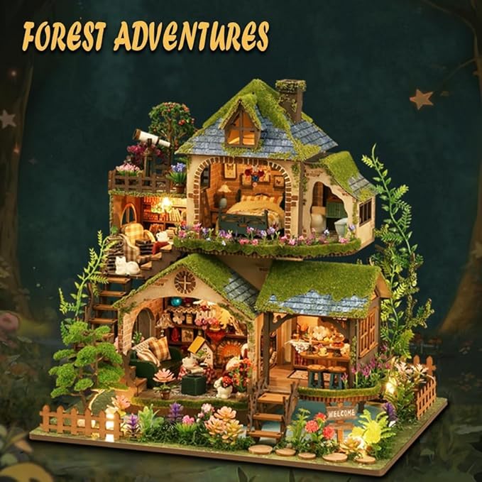 Forest Miniature Dollhouse Kit, DIY Mini House Making Kit with Furnitures, Tiny House Kit to Build for Adults, Hobby Craft Gift for Christmas Day, Forest Adventure