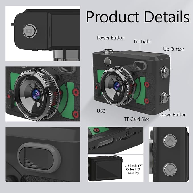 Mini Keychain Camera 64GB, 1080P Mini Retro Photo Video Camera, 120 Minute Battery Life Portable Tiny Digital Cam, Micro Video Camcorder for Travel Students Children, Green