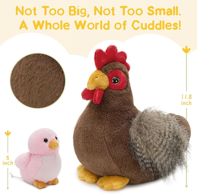 4 Pcs Chicken Plush Set, Mom Hen Stuffed Animal with 3 Stuffed Wind Up Chicks Toy in Mother Chicken's Belly, Christmas Birthday Gift for Kids Girls Boys, Animal Theme Party Decor