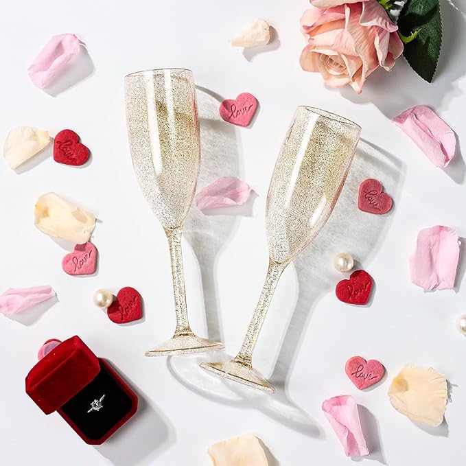 XUWAIDSGN 10 Pcs Reusable Champagne Flutes Plastic Wine Glasses Bulk Vintage Champagne Flutes Mimosa Bar Glasses Stemmed Drinking Cups 5.4OZ for Christmas Birthday Wedding Bride