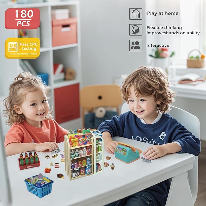 180Pcs Mini Shopping Cart Playset - Pretend Grocery Dollhouse Accessories Toys with Miniature Cash Register, 2 Fruit-Veggie Stands, 3 Shelves, 100+ Play Food - Educational Role Play Toys for Toddlers