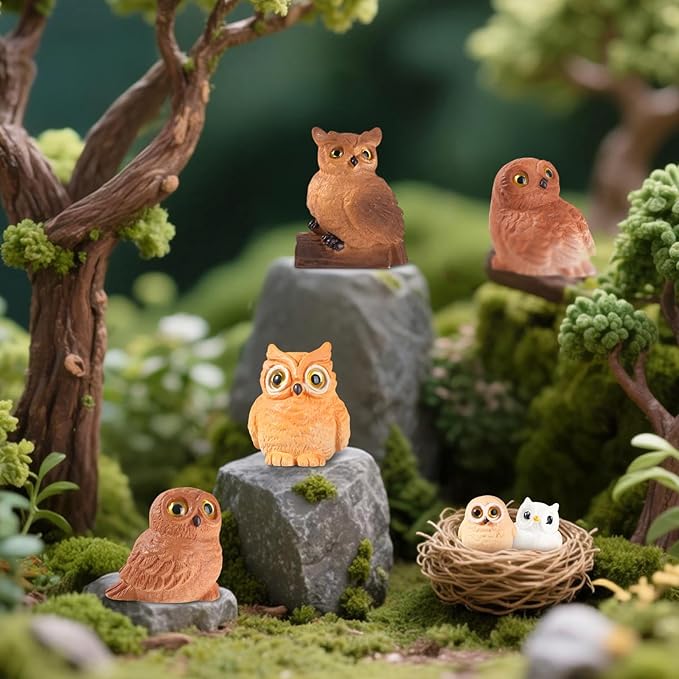 48 Pcs Miniature Owl Figurines 6 Styles Resin Mini Owl Figurines Bulk Animal Figurines Set for Fairy Garden Micro Landscape Pots Bonsai Decorations DIY Props