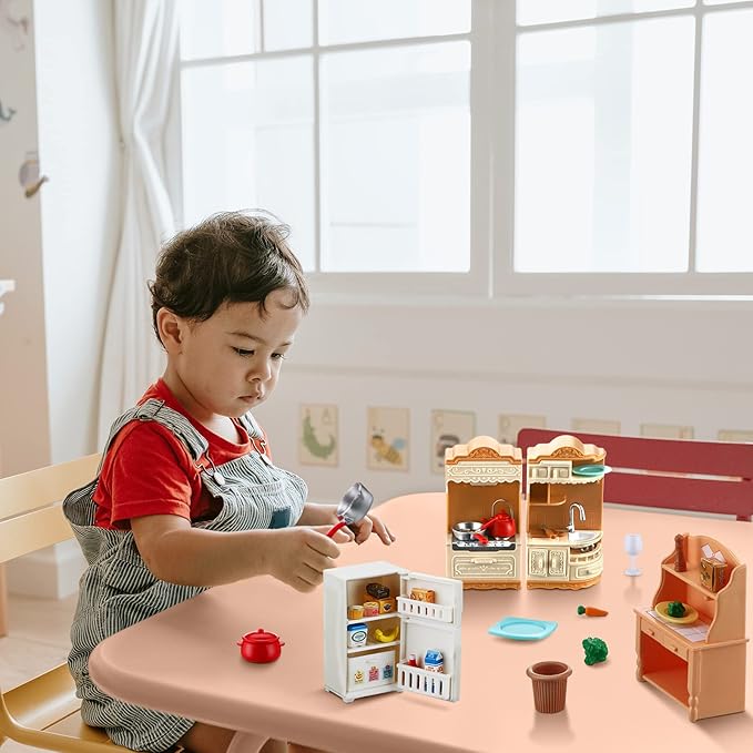 43 Pcs Dollhouse Furniture Kitchen Play Set Miniature Refrigerator with Mini Food Pots and Pans Set Pretend Kitchen Accessories Toys