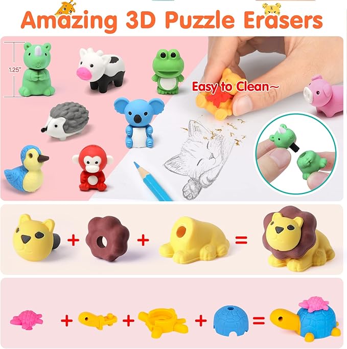 150 Pack Animal Pencil Erasers for Kids Bulk Desk Pet Toy 3D Mini Puzzle Erasers Take Apart Erasers Treasure Box Toys Game Prize Party Favors Gift Classroom Prize Reward Back to School Supplies