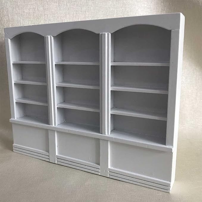 1:12 Scale Dollhouse Bookshelf (White), Miniature Wooden Bookcase Display Cabinet for Dollhouse Furniture, Collector's Decoration Accessory