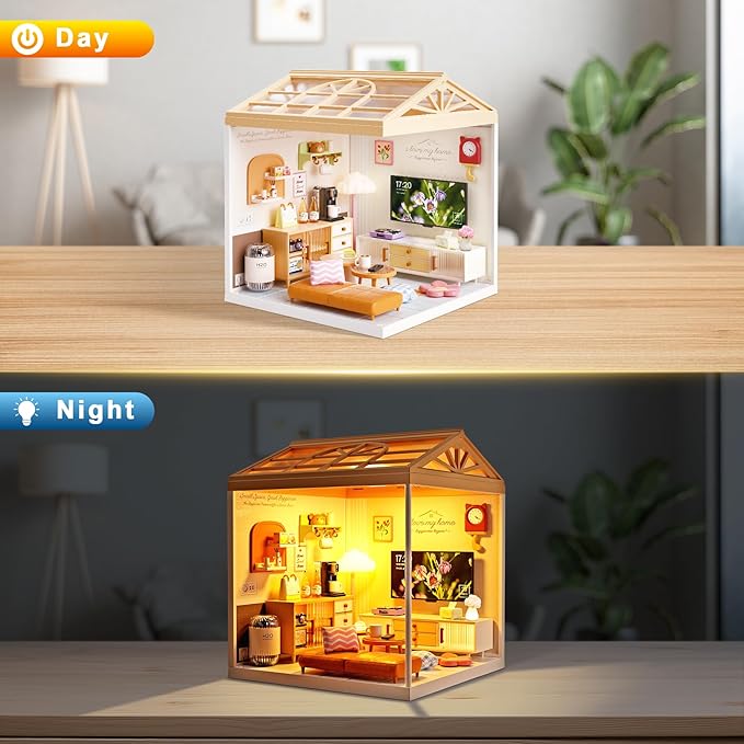 BeepZipp DIY Miniature House Kit for Adults, LED Living Room Dollhouse Kit with Furniture & Roof, Creative Building Toy for Mini Figures, Adult Craft Kits & Room Decor Gift