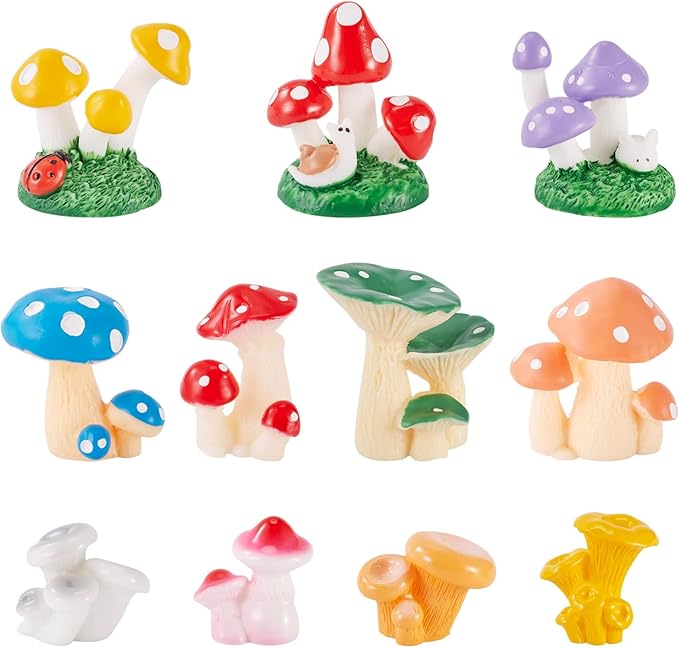 11 Pcs Mini Mushrooms Figurines Tiny Miniature Mushroom Charm Colorful Resin Mushrooms Landscape for Fairy Garden Fish Tank Plant DIY Cake Topper Office Desk Home Party Decor