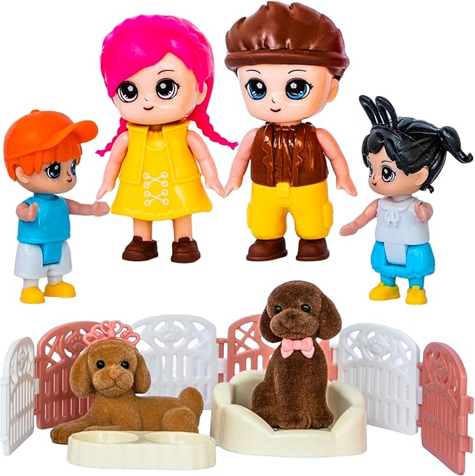FUNERICA Dollhouse People & Pets – Velvety Furry Puppies, Pet Accessories & Posable Doll House Family Set – Dolls for Dollhouse, Little People Figures, Doll House Accessories and Furniture