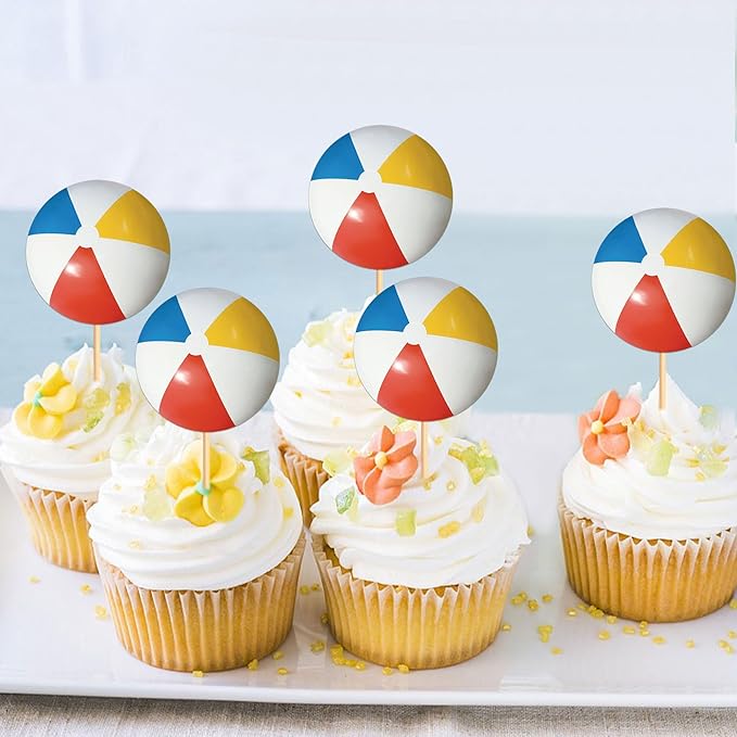 Ercadio 24 Pack Double Sided Beach Ball Cupcake Toppers Water Polo Cupcake Picks Beach Sport Birthday Cake Decorations Baby Shower Party Cake Decoration