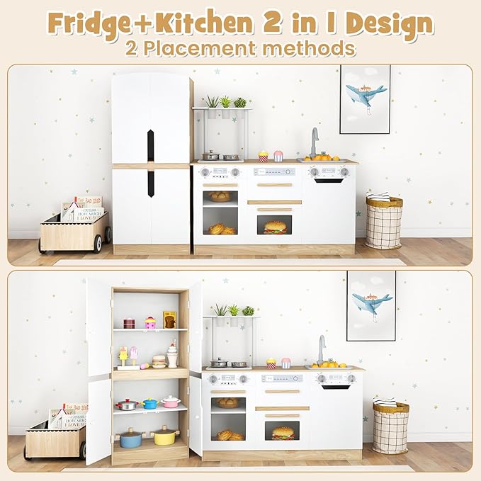 INFANS Kids Kitchen Playset, 2 in 1 Wooden Pretend Play Kitchen with Running Water Fridge Realistic Sounds Lights, Toddler Cooking Toys Gift for Boys Girls