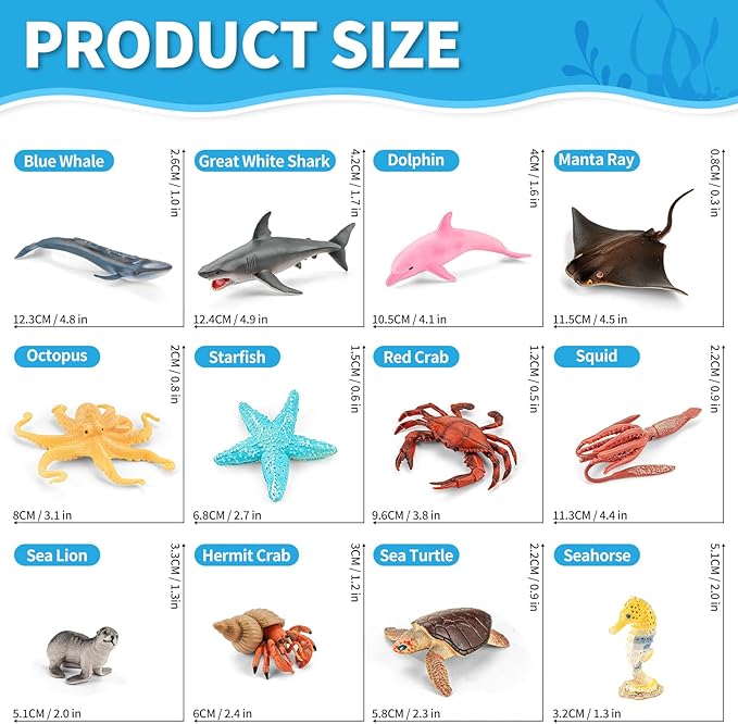 12PCS Ocean Sea Animal Toys for Kids,Realistic Soft Plastic Shark,Whale,Dolphin,Hermit Crab,Octopus,Starfish,Sea Turtle,Party Favors Birthday Gifts Cake Toppers for Boys Girls