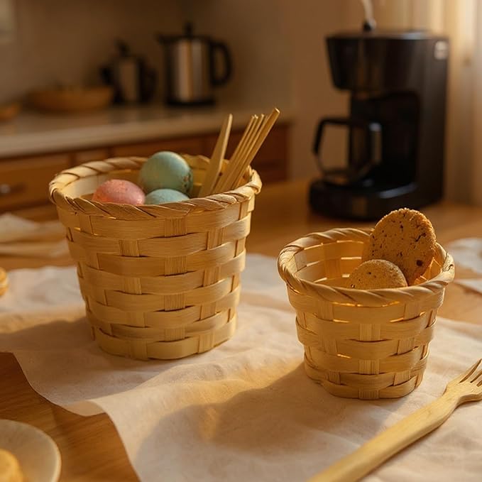 8 Pcs Mini Woven Basket Set for Home Organization, 4 Small 3.54 × 3.54 × 2.95in and 4 Mini 2.95 × 2.95 × 2.36in, Natural Bamboo Wood, Centerpiece Baskets, Party Favors, DIY Crafts