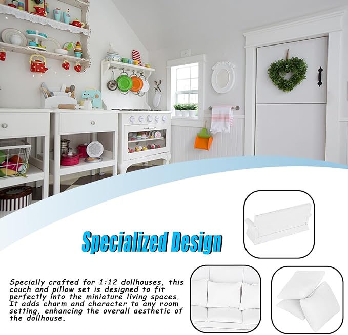 1:12 Scale Dollhouse Sofa with 3 Pillows, Miniature White Wooden Living Room Furniture for Doll House, Realistic DIY Scene Decoration and Collectible Accessory