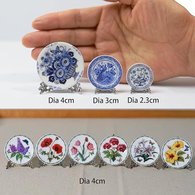 6PCS Handcrafted Miniature Ceramic Plates in 1:12 or 1:6 Scale, Vintage Porcelain Playhouse Dishes (Garden-A, 4CM)