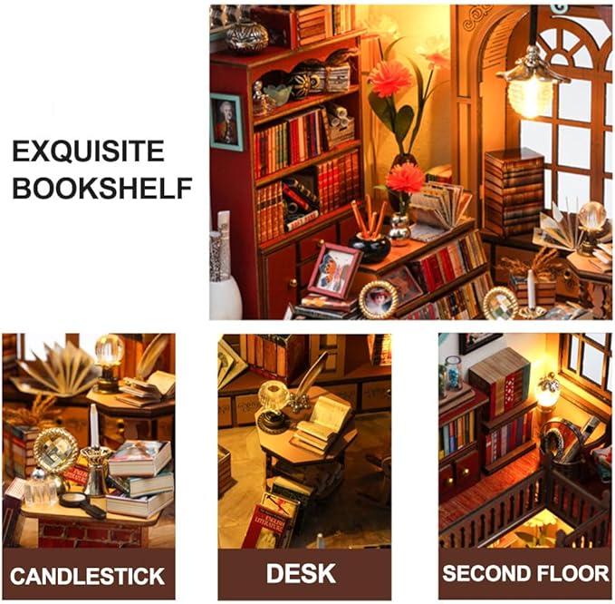 3D Wooden Magic Library Decorative Bookends - DIY Miniature House Tiny House 3D Wooden Puzzle Dollhouse Kit for Adults and Teens, Bookshelf Insert Decor, Model Build, Craft Gift for Family Friends