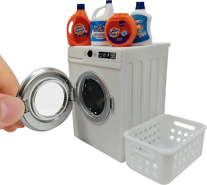 Cyraft 1:12 Scale Miniature Electric Washing Machine and Laundry Set, Realistic Dollhouse Accessories, Toy Washing Machine