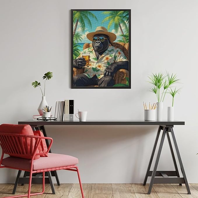 Summer Gorilla – 1000 Piece Jungle Wooden Jigsaw Puzzle, Playful Summer Gorilla Artwork, Brain Teaser, Family Fun, Stress Relief