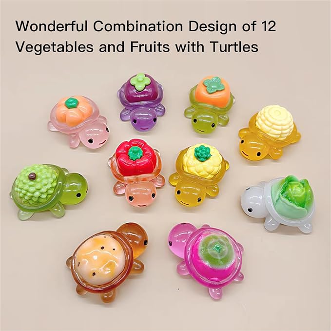 10pcs Large Mini Resin Turtle Figurines Whimsical Fruit & Vegetable Turtle Figures to Hide Glow in The Dark Plastic Sea Animals Bulk Dollhouse Accessories Decor Crafts 10 Colors (1 Each)