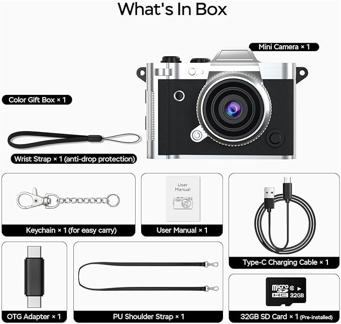 LENANE Mini Keychain Camera - 2K FHD Tiny Retro Digital Camera with 32GB Card, 1.47" Screen & OTG Adapter, Vintage Compact Micro Pocket Camera for Kids,Travel,Party (Black)