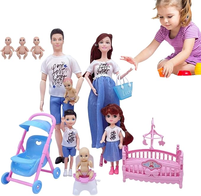 Family Doll Set, Safe Pregnant Doll Set with Dad & 3 Kids, 5 People with Dollhouse Accessories Pretend Play Toy for Kids|Dolls