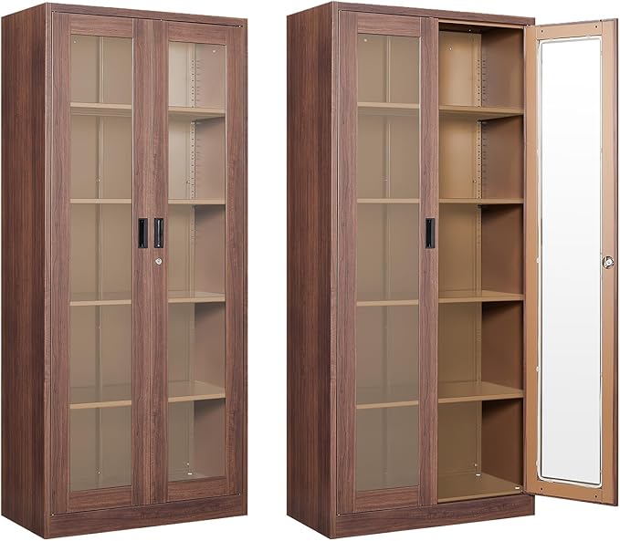 Display Cabinet with Glass Doors, Display Case Cabinet for Collectibles, Curio Display Cabinet with 4 Adjustable Shelves, 71" Glass Display Cabinet for Home Living Room (Wood Color)