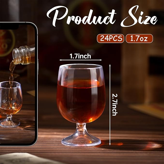Roshtia 24 Pcs Mini Shot Glasses 1.75 oz Small Brandy Snifters Clear Reusable Plastic Cute Cognac Glasses Port Glasses Cup for Tasting Whiskey Brandy Wine Beer Drinking