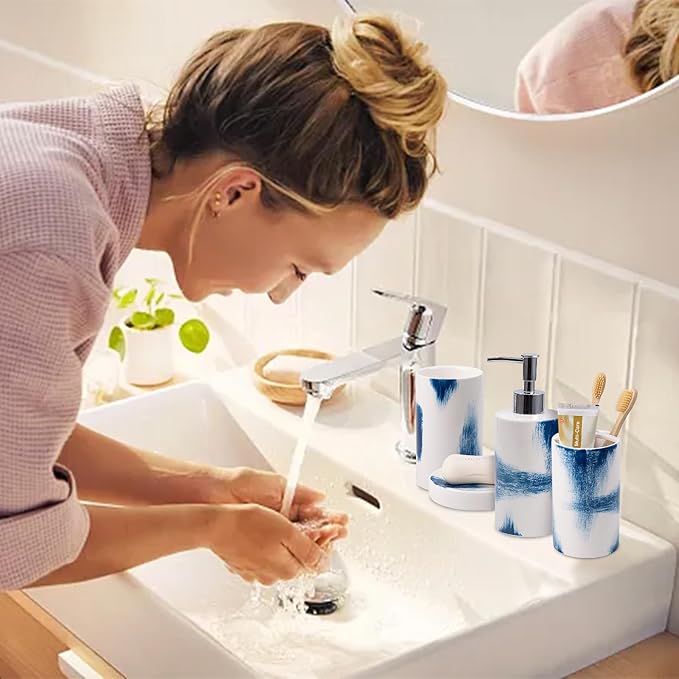 4 Piece Painted Ceramic Bathroom Accessory Set, Includes Soap Dispenser Pump, Toothbrush Holder, Tumbler, Soap Dish Sanitary, Ideas Home Gift for Ware Home Decor Bath(Blue & White)