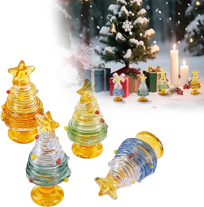 dolitify 4Pcs Mini Christmas Tree Glass Figurine Set, Mini Hand Artificial Glass Christmas Tree Traditional Craftsmanship Holiday Tabletop Decoration Gift Home Decor Craft Party (1)