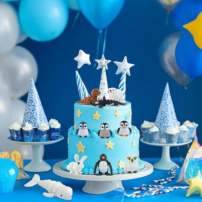 14PCS 3D Printed Arctic Animals Figurines Toys, Realistic Polar Animal Articulated Bath Toys with Polar Bear Fox Penguin Orca Cake Toppers Christmas Birthday Toy Gift for Toddlers Kids