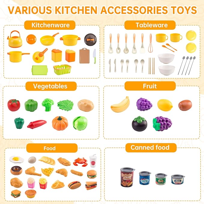 120Pcs Mini Play Kitchen Accessories, Kids Pretend Cooking Playset with Desserts, Cuttable Veggies & BBQ & Storage Basket, Educational Role-Play Gift for Toddlers, Child, Yellow