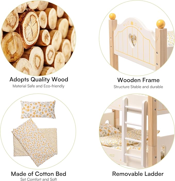 ROBOTIME Baby Doll Bunk Beds, Doll Cribs for 18 inch Dolls, Wooden Doll Beds Cribs fits American Girls (Wood, 2 Pcs Beds)