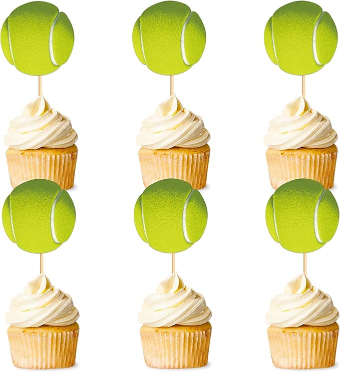 Ercadio 24 Pack Double Sided Tennis Cupcake Toppers Sports Ball Cupcake Picks Tennis Theme Birthday Cake Decorations for Baby Shower Kids Birthday Party Cake Decorations Supplies