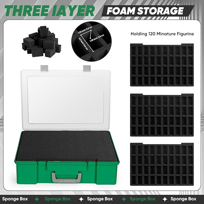 Miniature Storage Carrying Figure Case - 120 Slot Figurine Minature Carrying Case with 3 Foam Layer for Miniatures Compatible with 40k, DND & More (green1)
