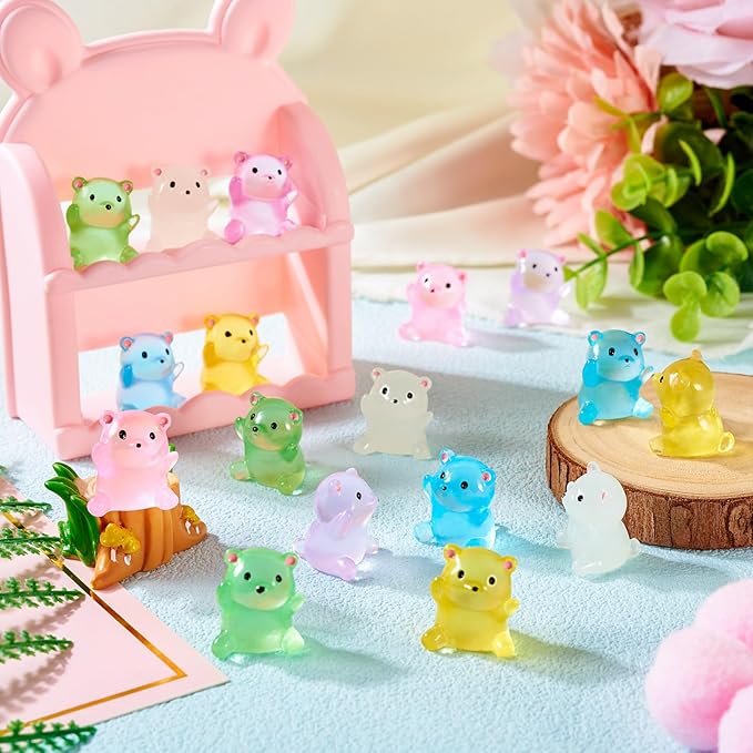 Beadthoven 24Pcs Luminous Mini Resin Bears, Glowing Gummy Bear Animals Miniature Sculpture Dollhouse Figurine Colorful Cute Cabochons Small DIY Charms Micro Fairy Garden Craft Landscape Ornaments