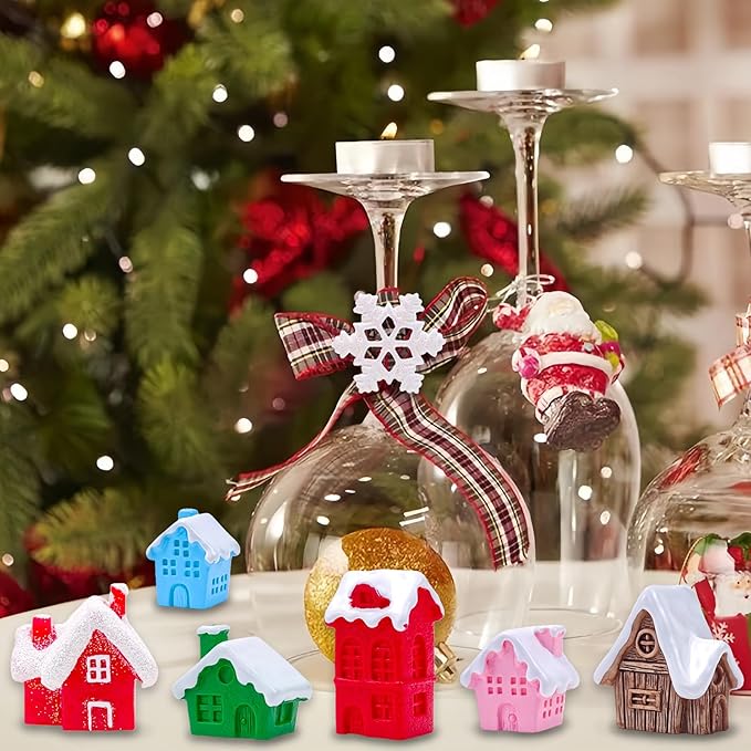 30 Pcs Christmas Mini Village House Figurines with Snowflakes Tiny Little Winter House Miniature Figures for Holiday Crafts Garden Micro Landscape Home Table Decor
