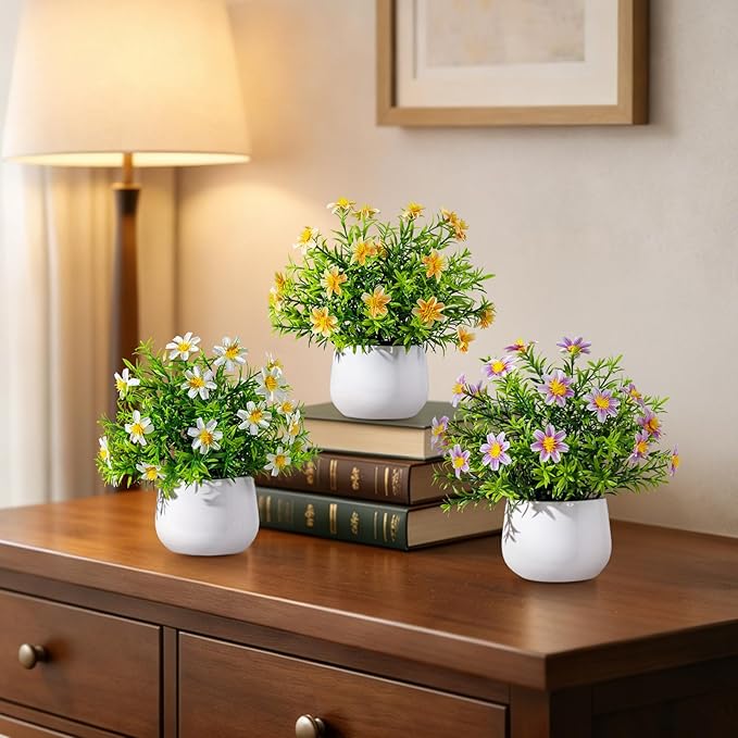Yarmare 3 Pack Small Fake Plants Artificial Potted Flowers for Indoor Mini Faux Plants with Flowers Greenery for Home Decor Living Room Bathroom Bedroom Office Table Shelf (White+Yellow+Purple)