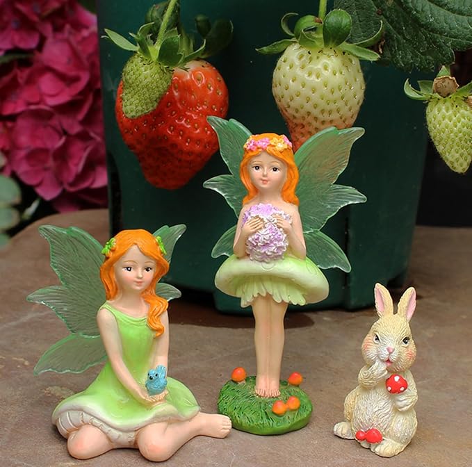 KOCNYDEY Mushroom Garden Miniatures Fairies Luminous Wings, Mini Garden Figurine Set Fairies Statues with a Rabbit for Outdoor Garden Yard Lawn Home Decor Lovely Resin Fairy Angel Accessories 3 PCS